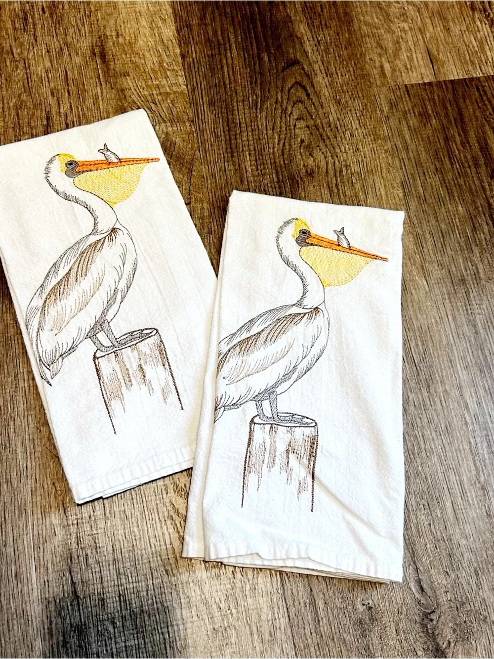 Two White Pelican Embroidered Coastal Kitchen Towels - Set of 2